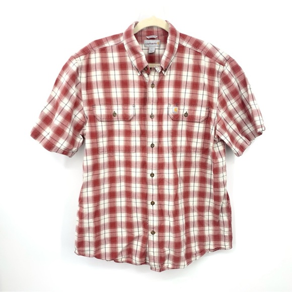 Carhartt Men Size Large Shirt Short Sleeve Top Red White Checkered Plaid Cotton - Picture 1 of 8